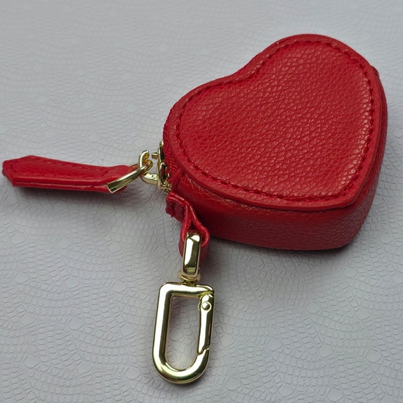 Burgundy Red Leather Heart Coin Purse Keychain Zipper Mini Pouch New - Picture 10 of 10